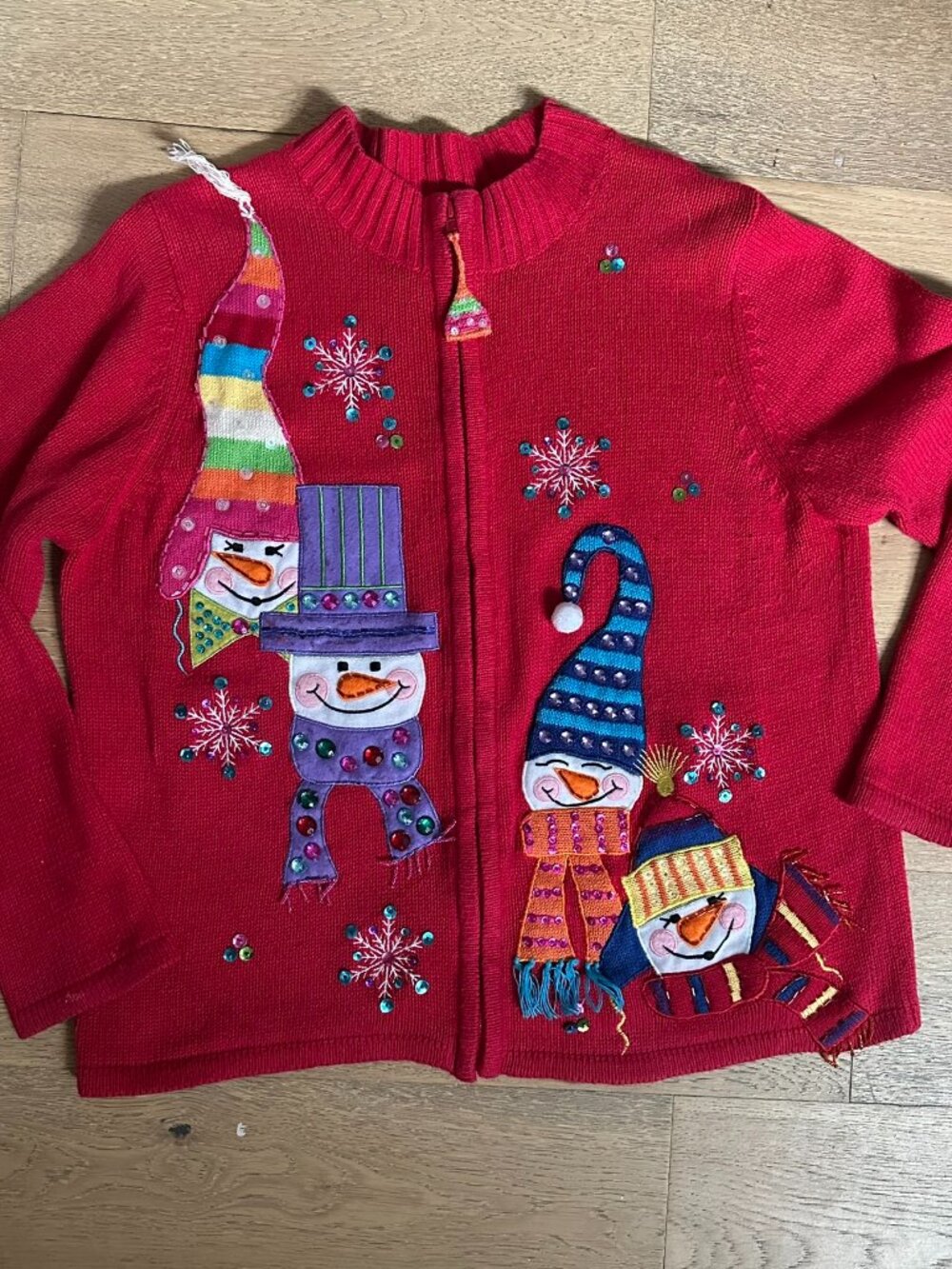 Vintage Snowman Christmas Sweater L – Red Zip-Up Holiday Knit
